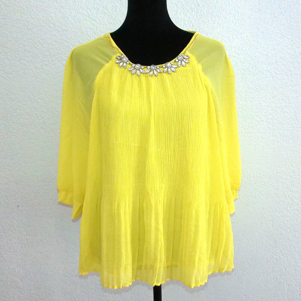 Pastel Design, Yellow Pleats quarter sleeve shirt, with shiny crystals flowers